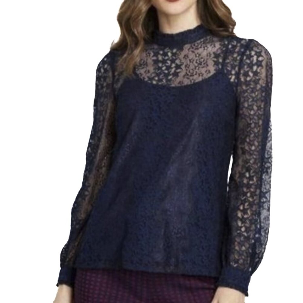 Modcloth Winsome Whims Sheer Lace Long Sleeve Top & Undertank Navy‎ Sz XS - NWOT